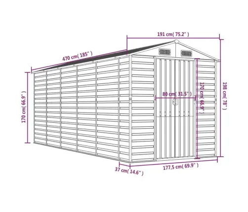 Dārza Šķūnis, Gaiši Brūns, 191X470X198 Cm, Cinkots Tērauds Vidaxl