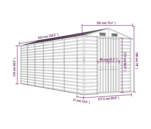 Dārza Šķūnis, Gaiši Brūns, 191X555X198 Cm, Cinkots Tērauds Vidaxl