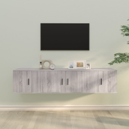 Tv Spintelių Komplektas, 3 Dalių, Pilkas Ąžuolo, Mediena
