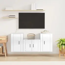 Tv Spintelių Komplektas, 3 Dalių, Baltas, Mediena, Blizgus