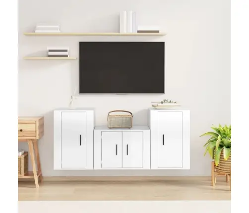 Tv Spintelių Komplektas, 3 Dalių, Baltas, Mediena, Blizgus