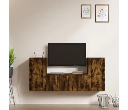 Tv Spintelių Komplektas, 3 Dalių, Dūminio Ąžuolo, Mediena