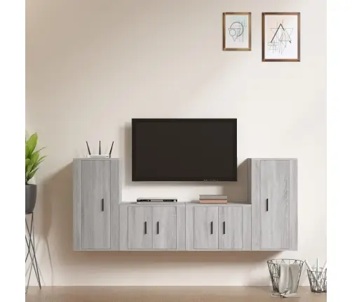 Tv Spintelių Komplektas, 4 Dalių, Pilkas Ąžuolo, Mediena Tv Spintelių Komplektas, 4 Dalių, Pilkas Ąžuolo, Mediena