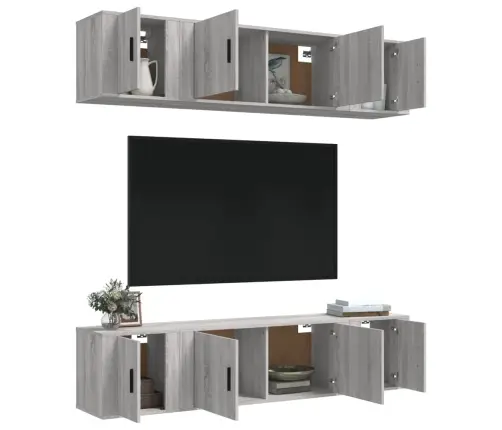 Tv Spintelių Komplektas, 6 Dalių, Pilkas Ąžuolo, Mediena Tv Spintelių Komplektas, 6 Dalių, Pilkas Ąžuolo, Mediena