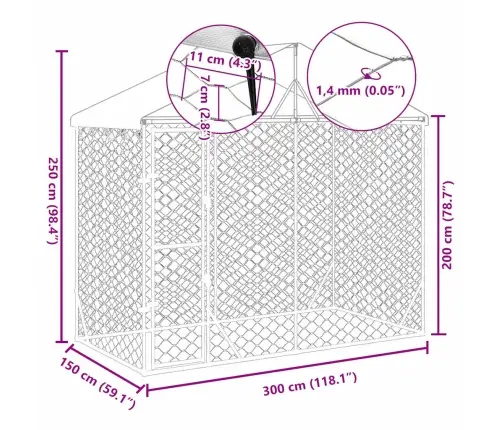 Katusega Koeraaedik, Hõbedane, 3X1,5X2,5 M, Tsingitud Teras