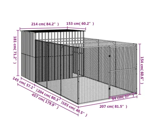 Suņu Būda, 214X457X181 Cm, Cinkots Tērauds, Pelēka Vidaxl