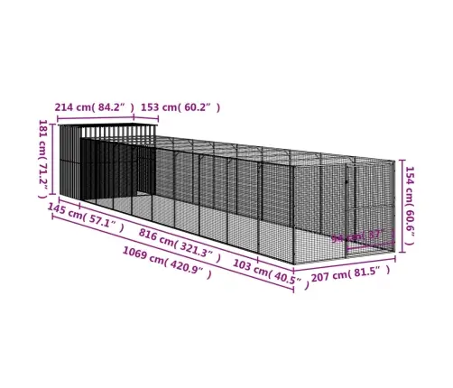 Suņu Būda, Pelēka, 214X1069X181 Cm, Cinkots Tērauds Vidaxl
