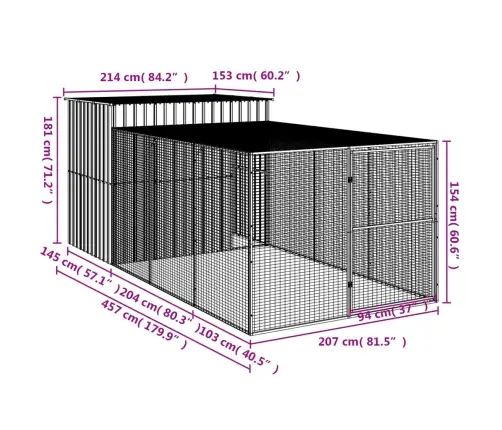 Suņu Būda, 214X457X181 Cm, Cinkots Tērauds, Pelēka Vidaxl