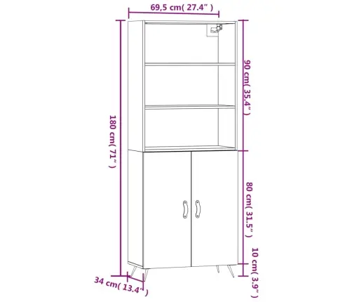 Augstais Skapis, Pelēks, 69,5X34X180 Cm, Inženierijas Koks Vidaxl