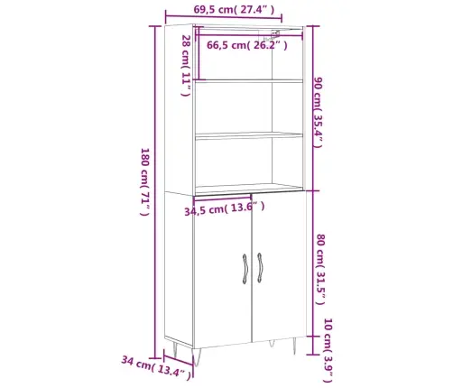 Augstais Skapis, Pelēks, 69,5X34X180 Cm, Inženierijas Koks Vidaxl Augstais Skapis, Pelēks, 69,5X34X180 Cm, Inženierijas Koks Vidaxl
