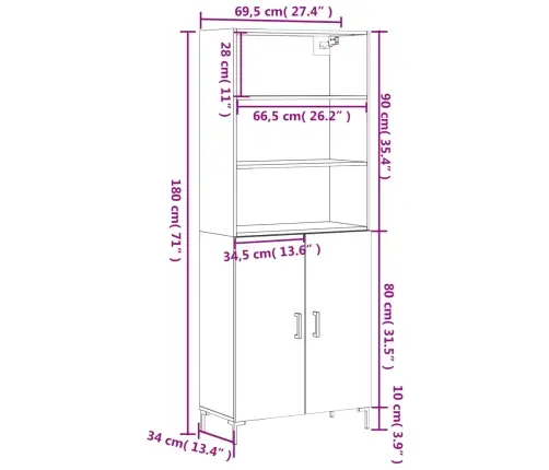 Augstais Skapis, Balts, 69,5X34X180 Cm, Inženierijas Koks Vidaxl