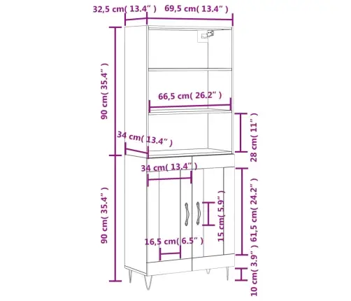 Kõrge Kapp, Hall Sonoma Tamm, 69,5 X 34 X 180 cm Tehispuit