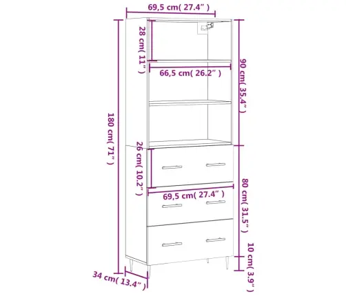 Augstais Skapis, Pelēks, 69,5X34X180 Cm, Inženierijas Koks Vidaxl Augstais Skapis, Pelēks, 69,5X34X180 Cm, Inženierijas Koks Vidaxl