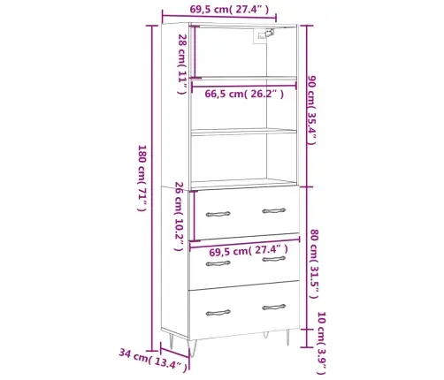 Augstais Skapis, Balts, 69,5X34X180 Cm, Inženierijas Koks Vidaxl