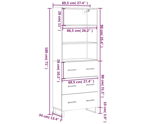 Augstais Skapis, Pelēks, 69,5X34X180 Cm, Inženierijas Koks Vidaxl
