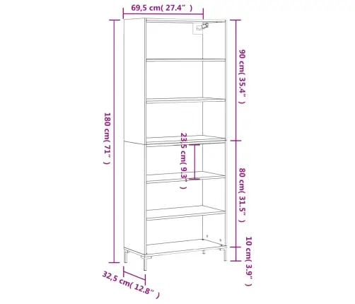 Augstais Skapītis, 69,5X32,5X180 Cm, Inženierijas Koks, Pelēks Vidaxl