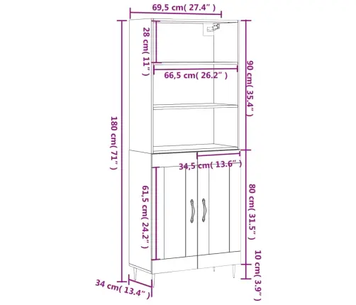 Augstais Skapis, Pelēks, 69,5X34X180 Cm, Inženierijas Koks Vidaxl Augstais Skapis, Pelēks, 69,5X34X180 Cm, Inženierijas Koks Vidaxl