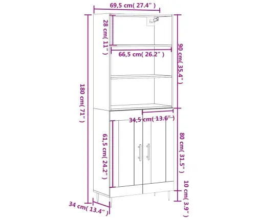 Komoda, Pilkos Ąžuolo Spalvos, 69,5X34X180cm Apdirbta Mediena