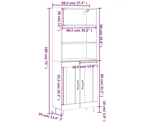 Komoda, Sonoma Ąžuolo Spalvos, 69,5X34X180cm Apdirbta Mediena