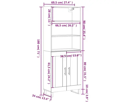 Augstais Skapis, Balts, 69,5X34X180 Cm, Inženierijas Koks Vidaxl
