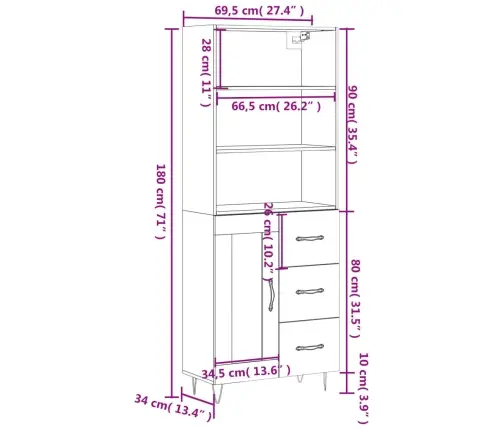 Augstais Skapis, Pelēks, 69,5X34X180 Cm, Inženierijas Koks Vidaxl