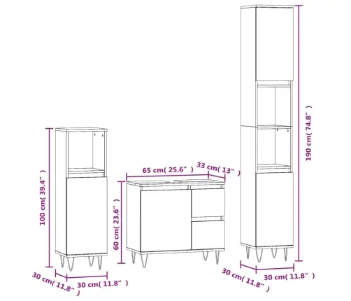3-Daļīgs Vannasistabas Mēbeļu Komplekts, Pelēka Ozolkoka Krāsa Vidaxl