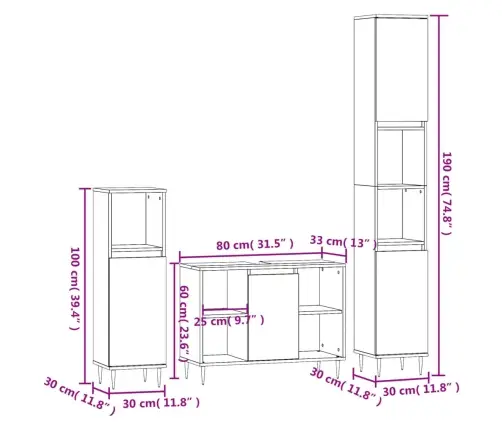 3-Osaline Vannitoamööbli Komplekt, Hall Sonoma Tamm, Tehispuit
