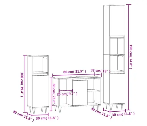 Vonios Baldų Komplektas, 3 Dalių, Betono Pilkas, Mediena