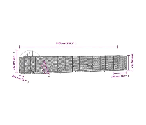Suņu Voljērs Ar Jumtu, 14X2X2,5M, Cinkots Tērauds,Sudraba Krāsā Vidaxl