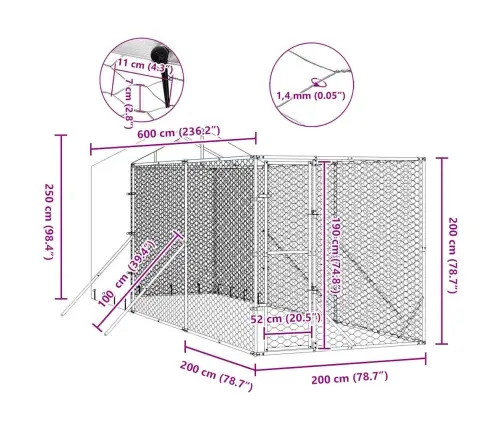 Katusega Koeraaedik, Hõbedane, 2X6X2,5 M, Tsingitud Teras