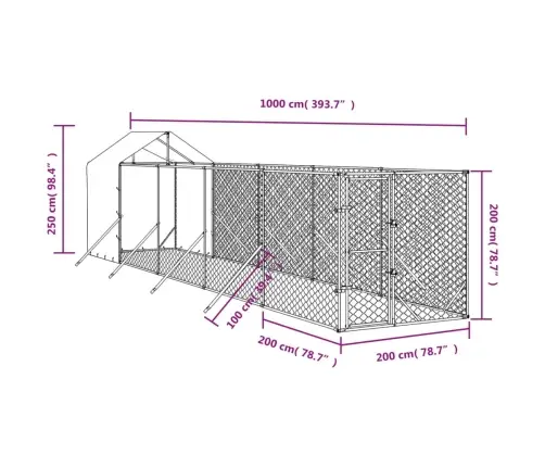 Suņu Voljērs Ar Jumtu, 2X10X2,5M, Cinkots Tērauds,Sudraba Krāsā Vidaxl