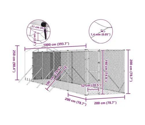 Suņu Voljērs Ar Jumtu, 2X10X2,5M, Cinkots Tērauds,Sudraba Krāsā Vidaxl