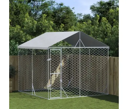 Suņu Voljērs Ar Jumtu, 3X3X2,5M, Cinkots Tērauds, Sudraba Krāsā Vidaxl