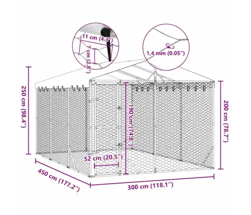 Lauko Voljeras Šunims Su Stogu, Sidabrinis, 3X4,5X2,5M, Plienas