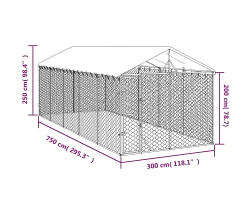 Suņu Voljērs Ar Jumtu, 3X7,5X2,5 M, Cinkots Tērauds, Sudrabains Vidaxl