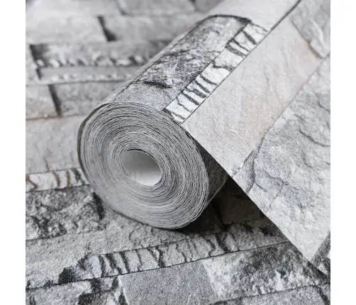 Tapete, 3D Akmens Dizains, Pelēka Un Brūna, 10X0,53 M, Neausta Vidaxl