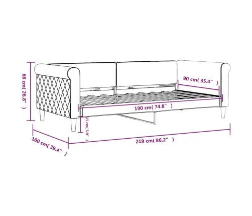 Päevavoodi Ilma Madratsita, Tumehall, 90X190 cm Samet