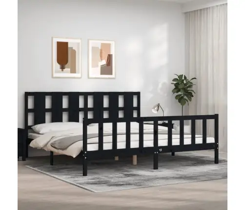 Gultas Rāmis Ar Galvgali, Melns, 200X200 Cm, Masīvkoks Vidaxl