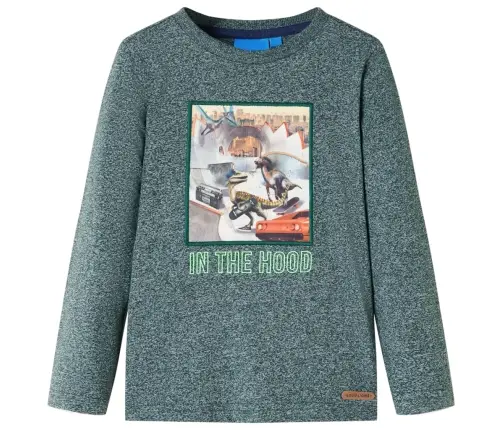 Bērnu Krekls Ar Garām Piedurknēm, Dinozaura Apdruka, Tumšs Zaļš, 128