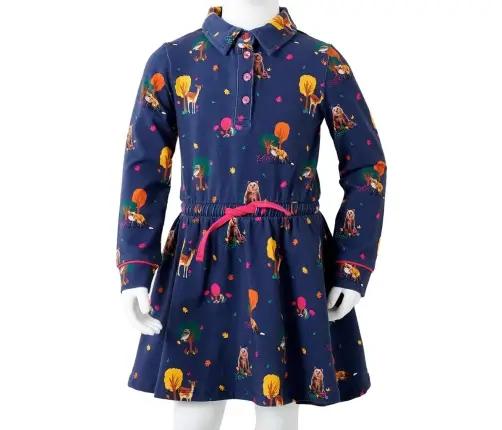 Bērnu Kleita Ar Garām Piedurknēm Un Savelkamu Aukliņu, Tumši Zila, 140