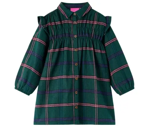 Bērnu Kleita Ar Garām Piedurknēm Un Volāniem, Tumši Zaļa, 104