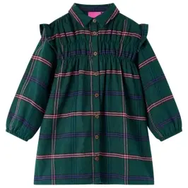 Bērnu Kleita Ar Garām Piedurknēm Un Volāniem, Tumši Zaļa, 140