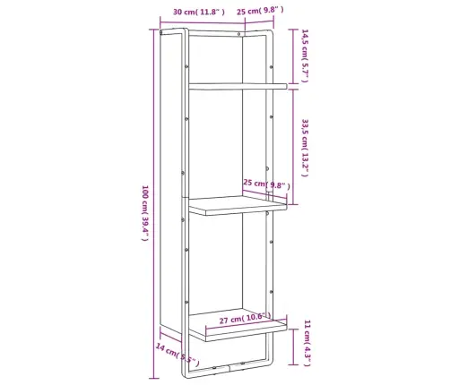 3-Līmeņu Sienas Plaukts, 30X25X100 Cm, Inženierijas Koks Vidaxl