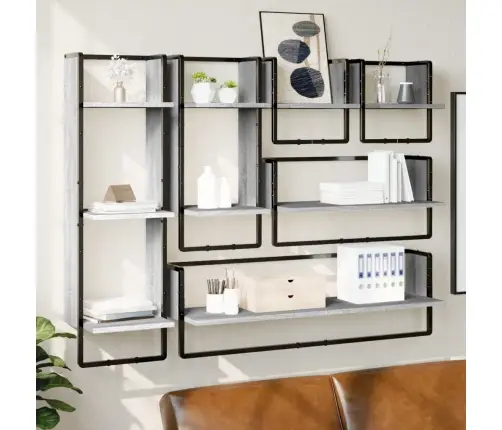 6 -Daļīgs Sienas Plauktu Komplekts Ar Stieņiem, Pelēks, Koks Vidaxl