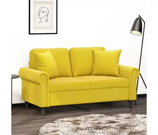 Dvivietė Sofa Su Pagalvėlėmis, Geltonos Spalvos, 120cm Aksomas