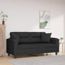 Dvivietė Sofa Su Pagalvėmis, Juoda, 140cm Mikropluošto Audinys