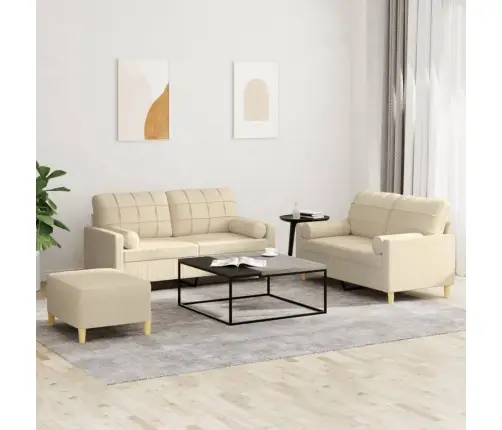 Trīsdaļīgs Dīvānu Komplekts Ar Spilveniem, Krēmkrāsas Audums Vidaxl