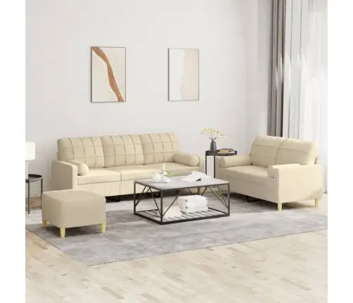 Trīsdaļīgs Dīvānu Komplekts Ar Spilveniem, Krēmkrāsas Audums Vidaxl