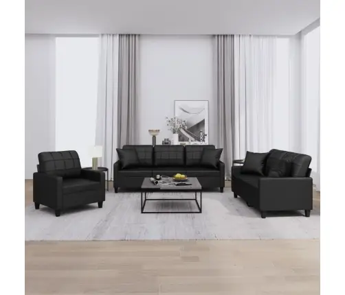 Sofos Komplektas Su Pagalvėmis, 3 Dalių, Juodas, Dirbtinė Oda