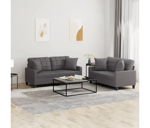 Divdaļīgs Dīvānu Komplekts Ar Spilveniem, Pelēka Mākslīgā Āda Vidaxl